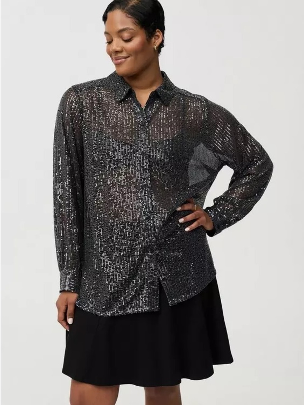 Sequin Long-Sleeve  Button Down Shirt - Black Size 2